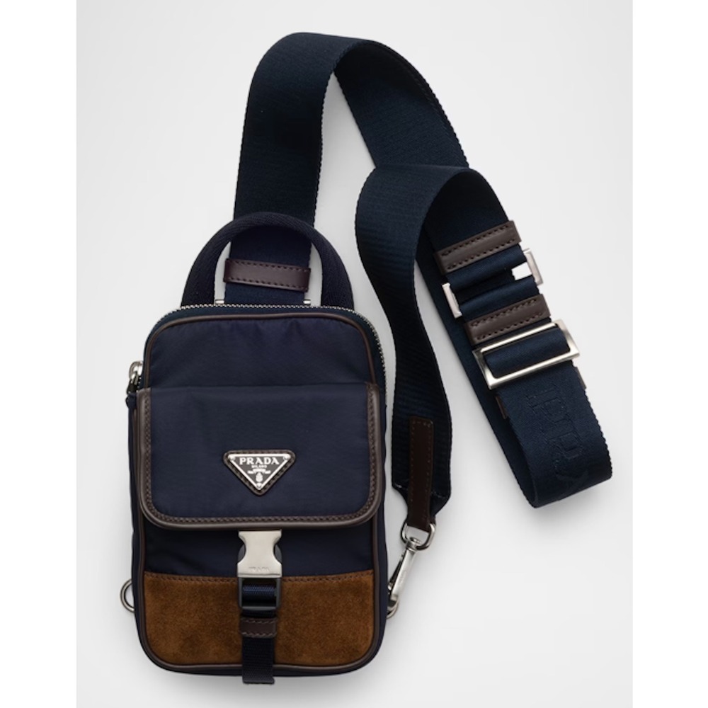 Prada Re-Nylon Leather Smartphone Case Shoulder Bag 2ZH194 Blu Caffe Navy Brown